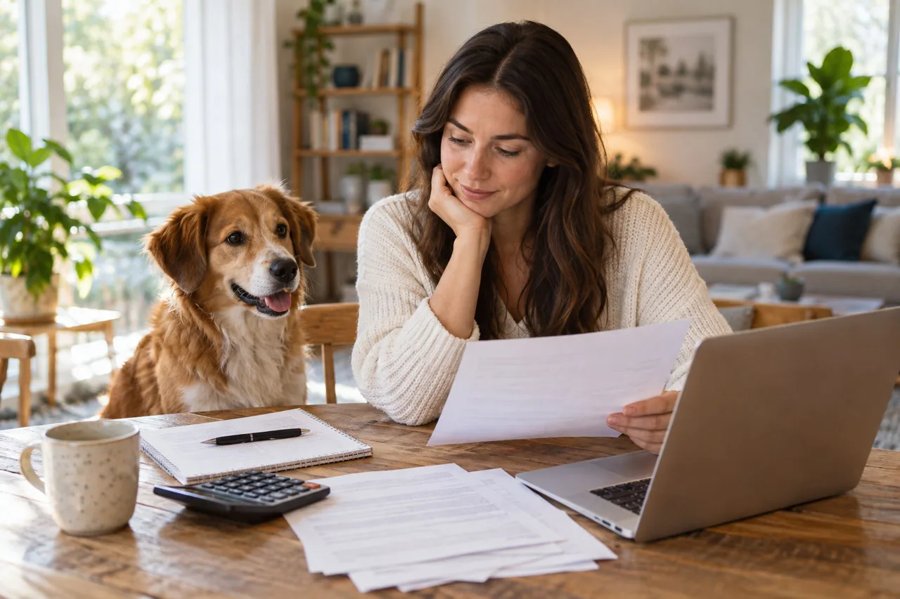 Owner reviewing paperwork with a dog and calculator on the table