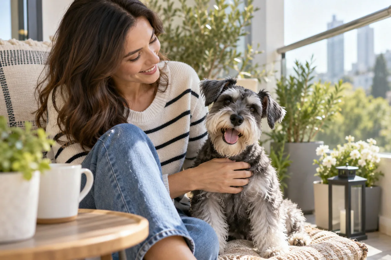 Owner seated beside a small dog on a bright balcony